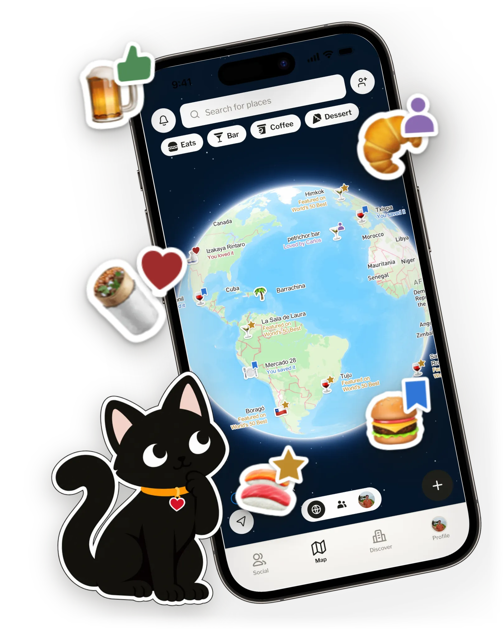 The AlleyCat map as a globe, pinned with places from friends and trusted guides around the world