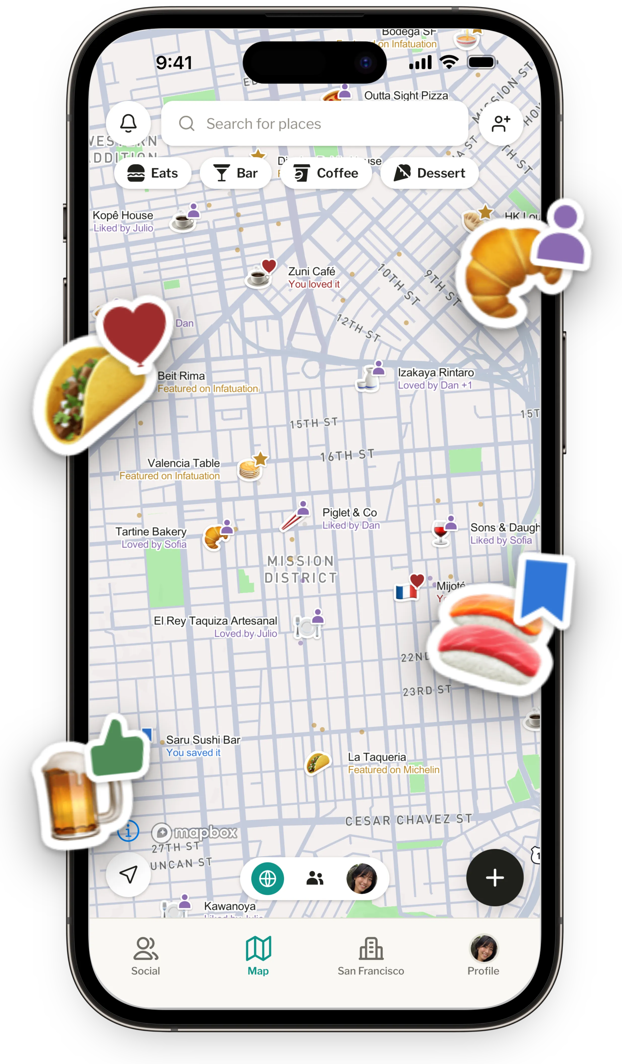 The AlleyCat map, showing places in San Francisco recommended by friends and trusted publications